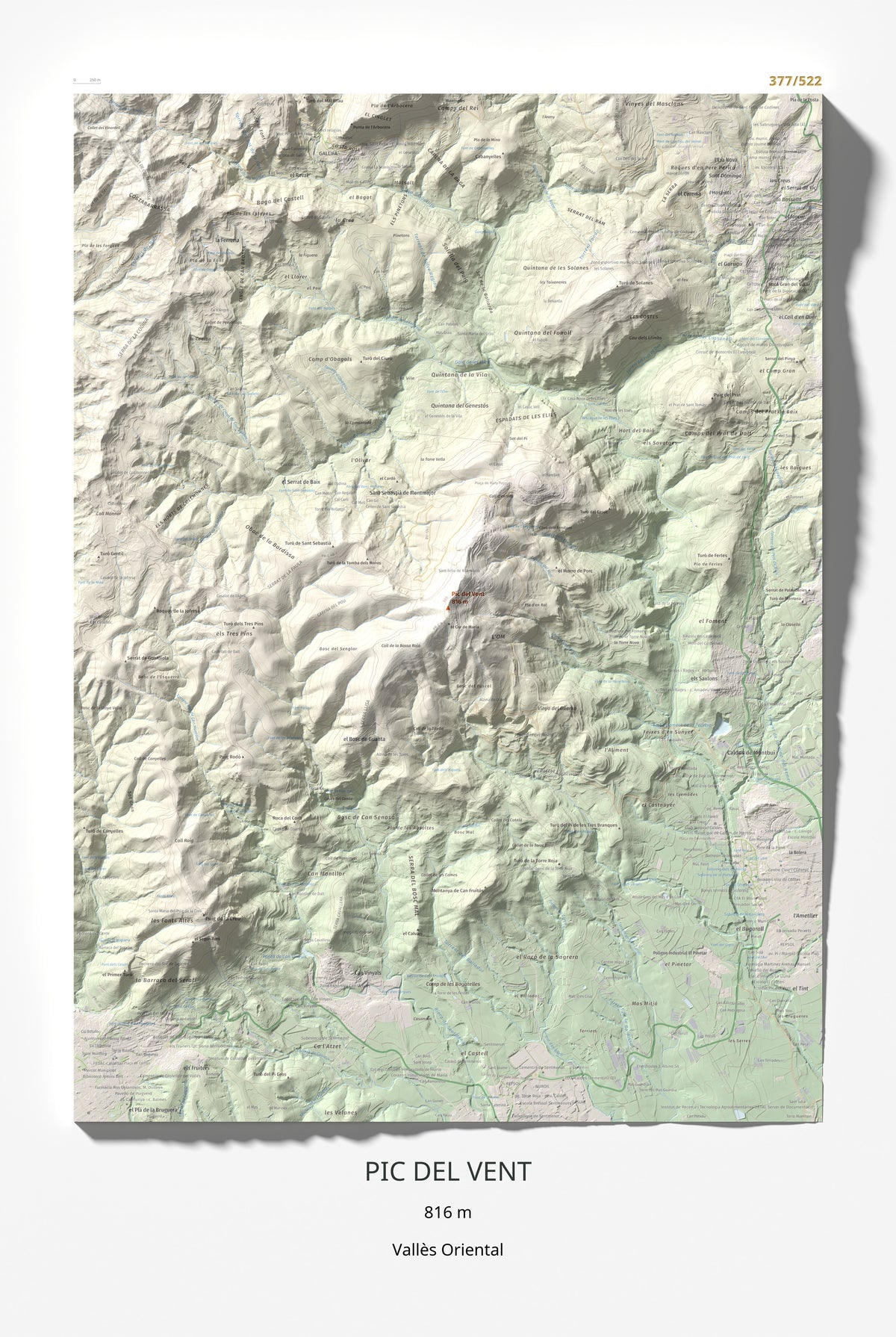 Mapa de relieve de Pic del Vent, 816 m, Vallès Oriental, lámina 100 Cims de Trobart 61 × 91 cm.