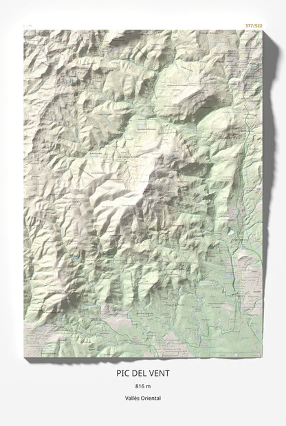 Mapa de relieve de Pic del Vent, 816 m, Vallès Oriental, lámina 100 Cims de Trobart 61 × 91 cm.