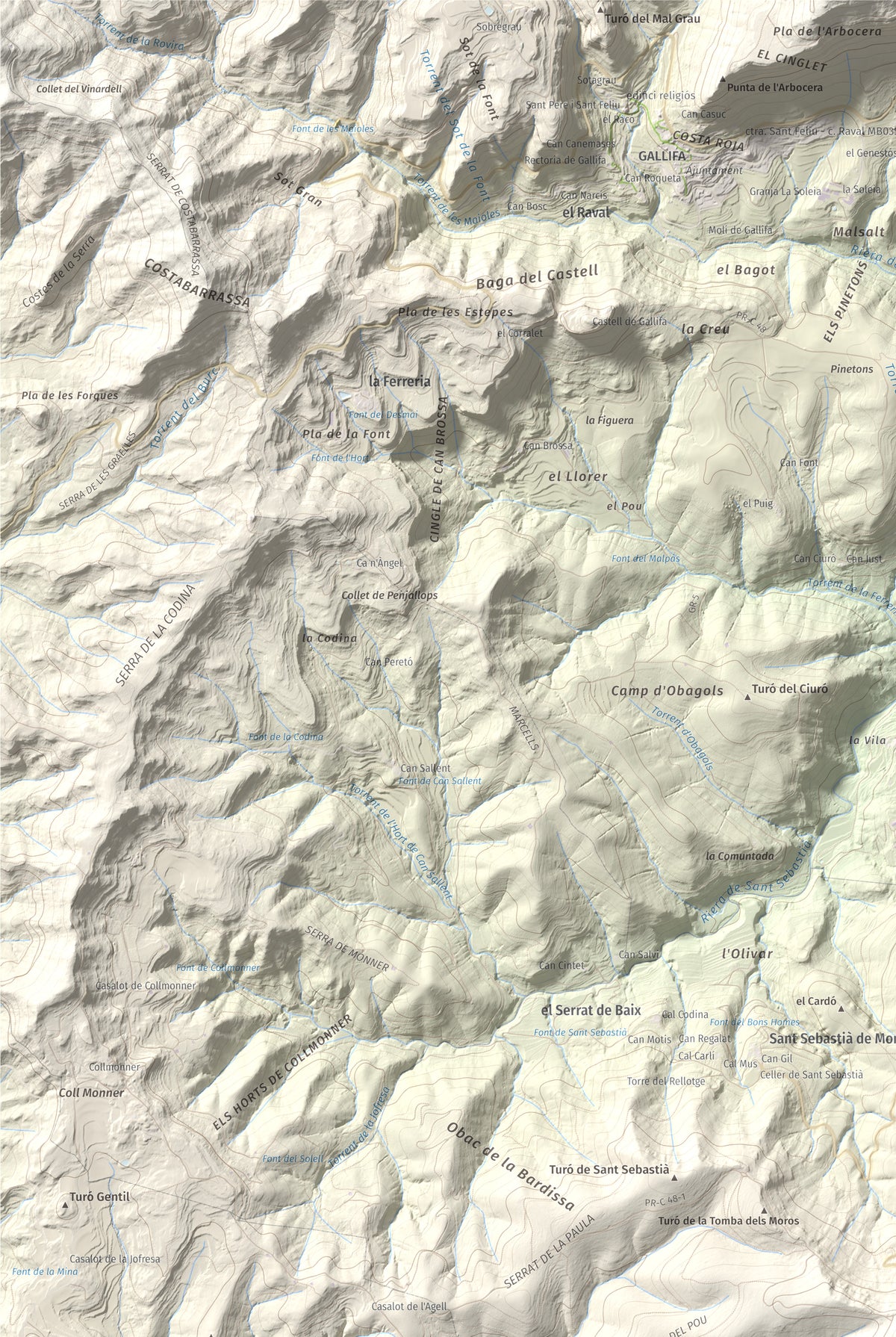 Mapa de relieve de Pic del Vent, 816 m, Vallès Oriental, lámina 100 Cims de Trobart. Detalle de la zona superior izquierda. 61 × 91 cm.