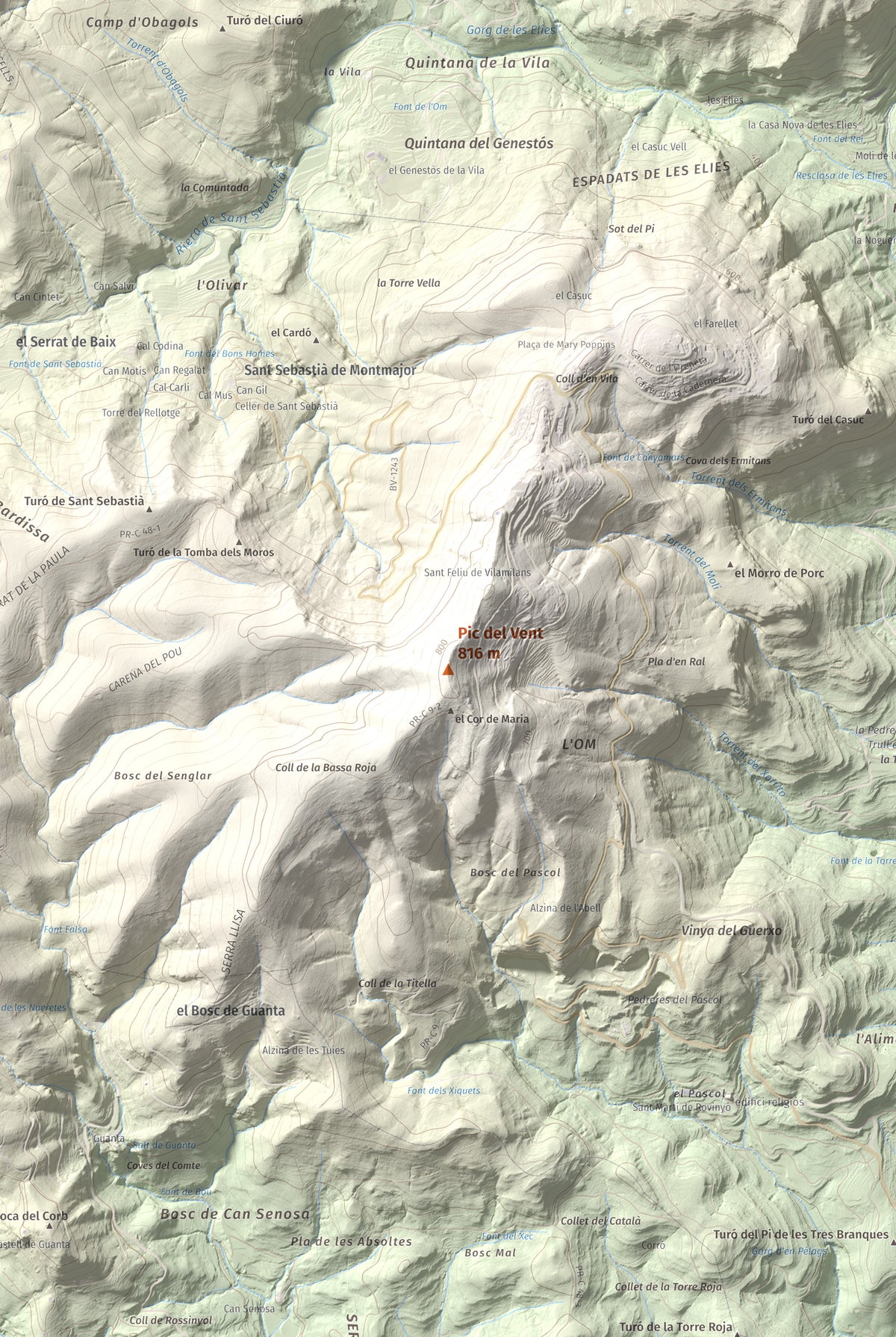 Mapa de relieve de Pic del Vent, 816 m, Vallès Oriental, lámina 100 Cims de Trobart. Detalle de la zona central. 61 × 91 cm.