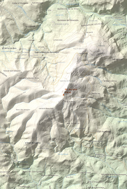 Mapa de relieve de Pic del Vent, 816 m, Vallès Oriental, lámina 100 Cims de Trobart. Detalle de la zona central. 61 × 91 cm.