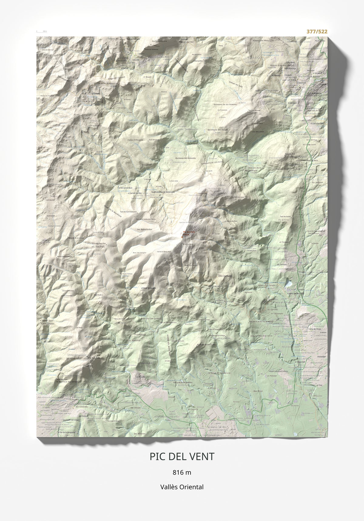 Mapa de relieve de Pic del Vent, 816 m, Vallès Oriental, lámina 100 Cims de Trobart 70 × 100 cm.