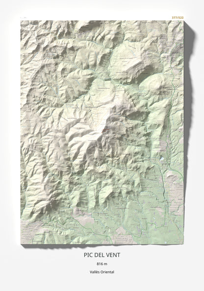 Mapa de relieve de Pic del Vent, 816 m, Vallès Oriental, lámina 100 Cims de Trobart 70 × 100 cm.