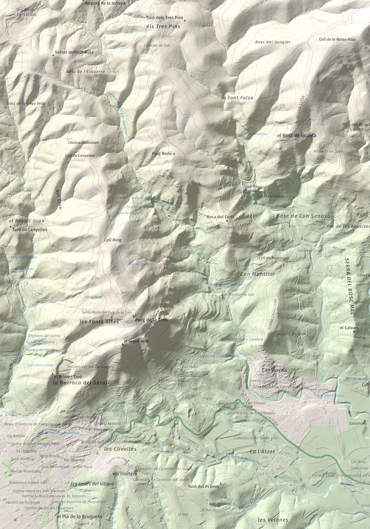 Mapa de relieve de Pic del Vent, 816 m, Vallès Oriental, lámina 100 Cims de Trobart. Detalle de la zona inferior izquierda. 70 × 100 cm.