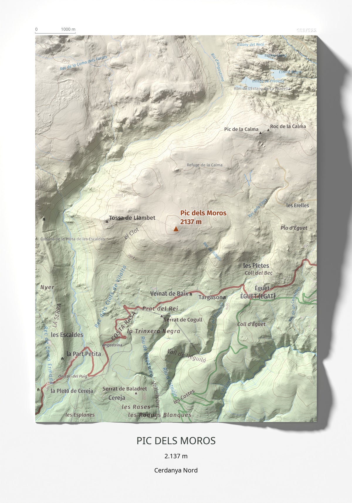 Mapa de relieve de Pic dels Moros, 2137 m, Cerdanya Nord, lámina 100 Cims de Trobart 21 × 30 cm.