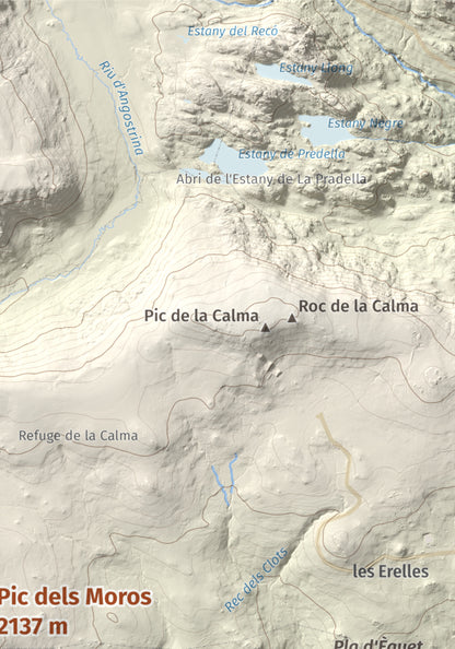 Mapa de relieve de Pic dels Moros, 2137 m, Cerdanya Nord, lámina 100 Cims de Trobart. Detalle de la zona superior derecha. 21 × 30 cm.