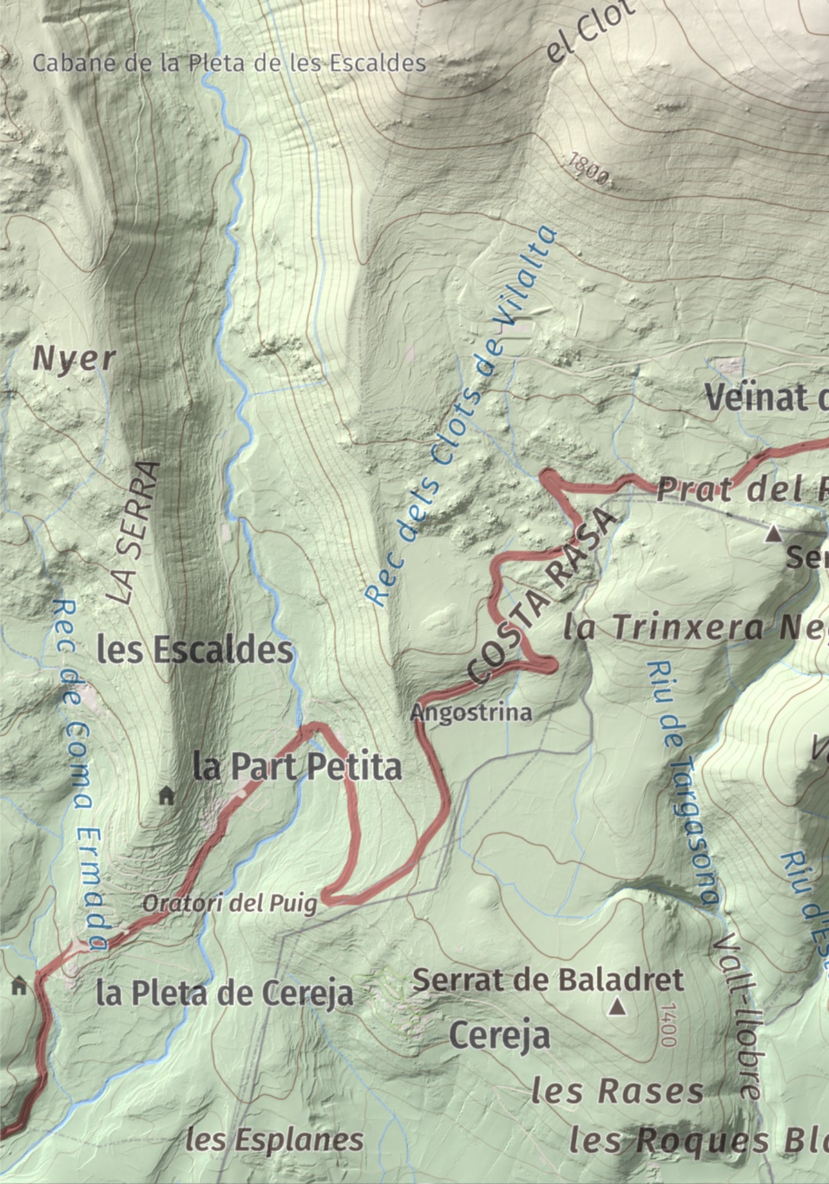 Mapa de relieve de Pic dels Moros, 2137 m, Cerdanya Nord, lámina 100 Cims de Trobart. Detalle de la zona inferior izquierda. 21 × 30 cm.