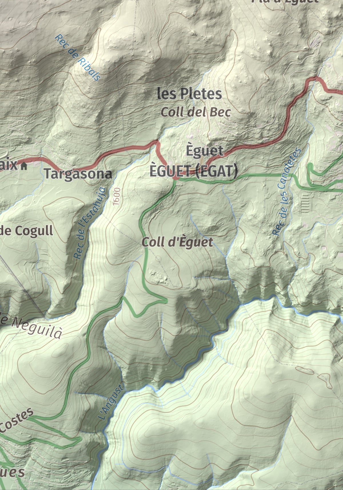 Mapa de relieve de Pic dels Moros, 2137 m, Cerdanya Nord, lámina 100 Cims de Trobart. Detalle de la zona inferior derecha. 21 × 30 cm.