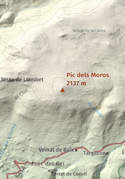 Mapa de relieve de Pic dels Moros, 2137 m, Cerdanya Nord, lámina 100 Cims de Trobart. Detalle de la zona central. 21 × 30 cm.