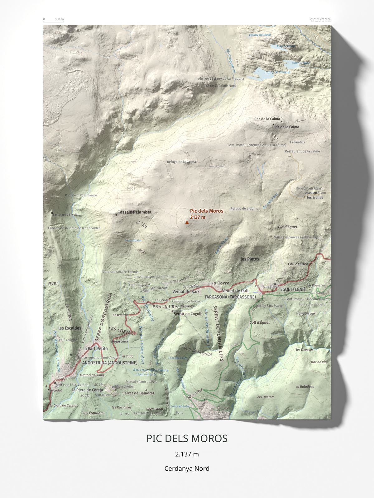 Mapa de relieve de Pic dels Moros, 2137 m, Cerdanya Nord, lámina 100 Cims de Trobart 30 × 40 cm.