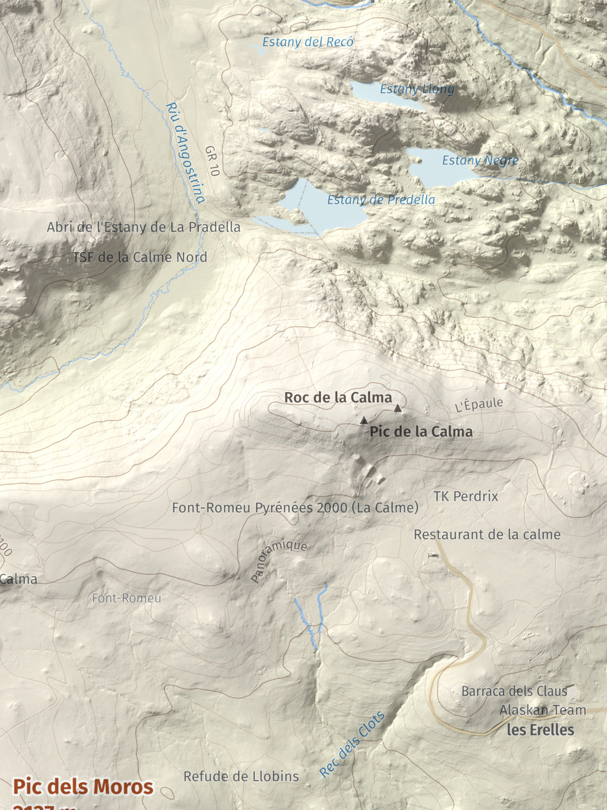 Mapa de relieve de Pic dels Moros, 2137 m, Cerdanya Nord, lámina 100 Cims de Trobart. Detalle de la zona superior derecha. 30 × 40 cm.