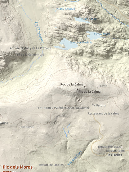 Mapa de relieve de Pic dels Moros, 2137 m, Cerdanya Nord, lámina 100 Cims de Trobart. Detalle de la zona superior derecha. 30 × 40 cm.