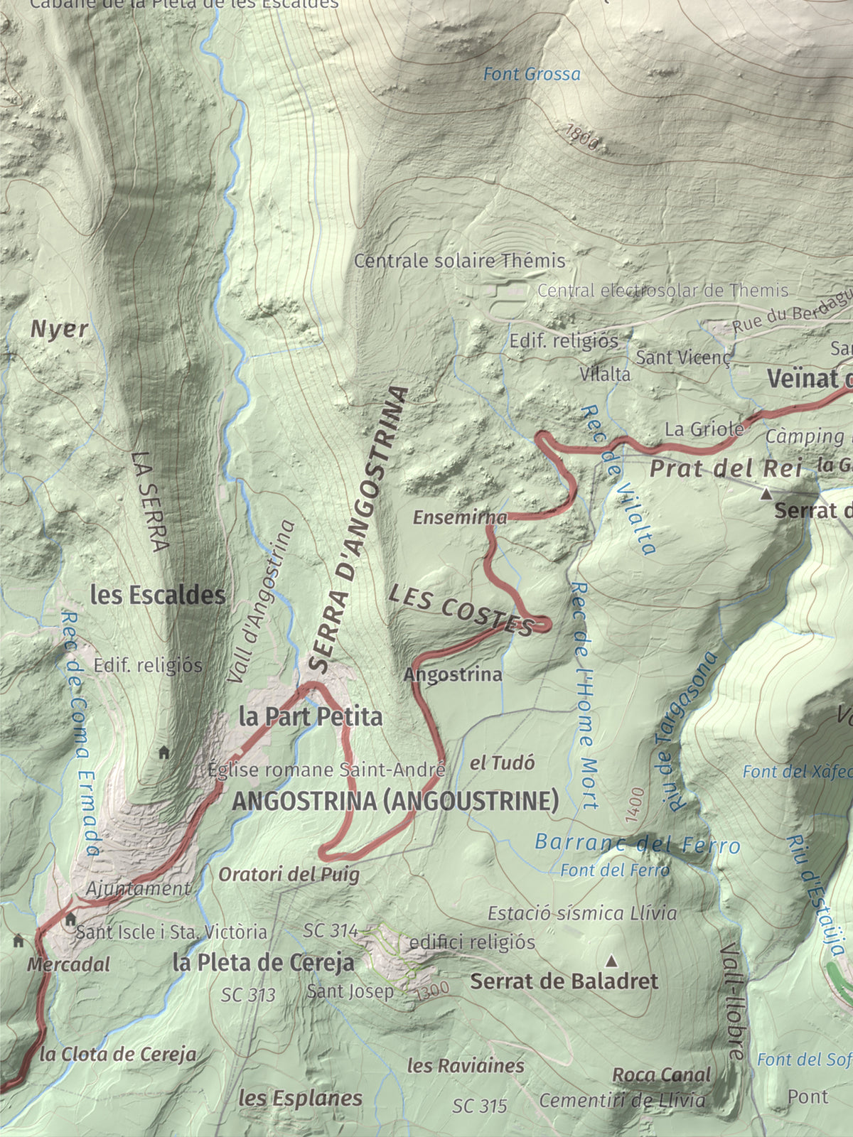 Mapa de relieve de Pic dels Moros, 2137 m, Cerdanya Nord, lámina 100 Cims de Trobart. Detalle de la zona inferior izquierda. 30 × 40 cm.