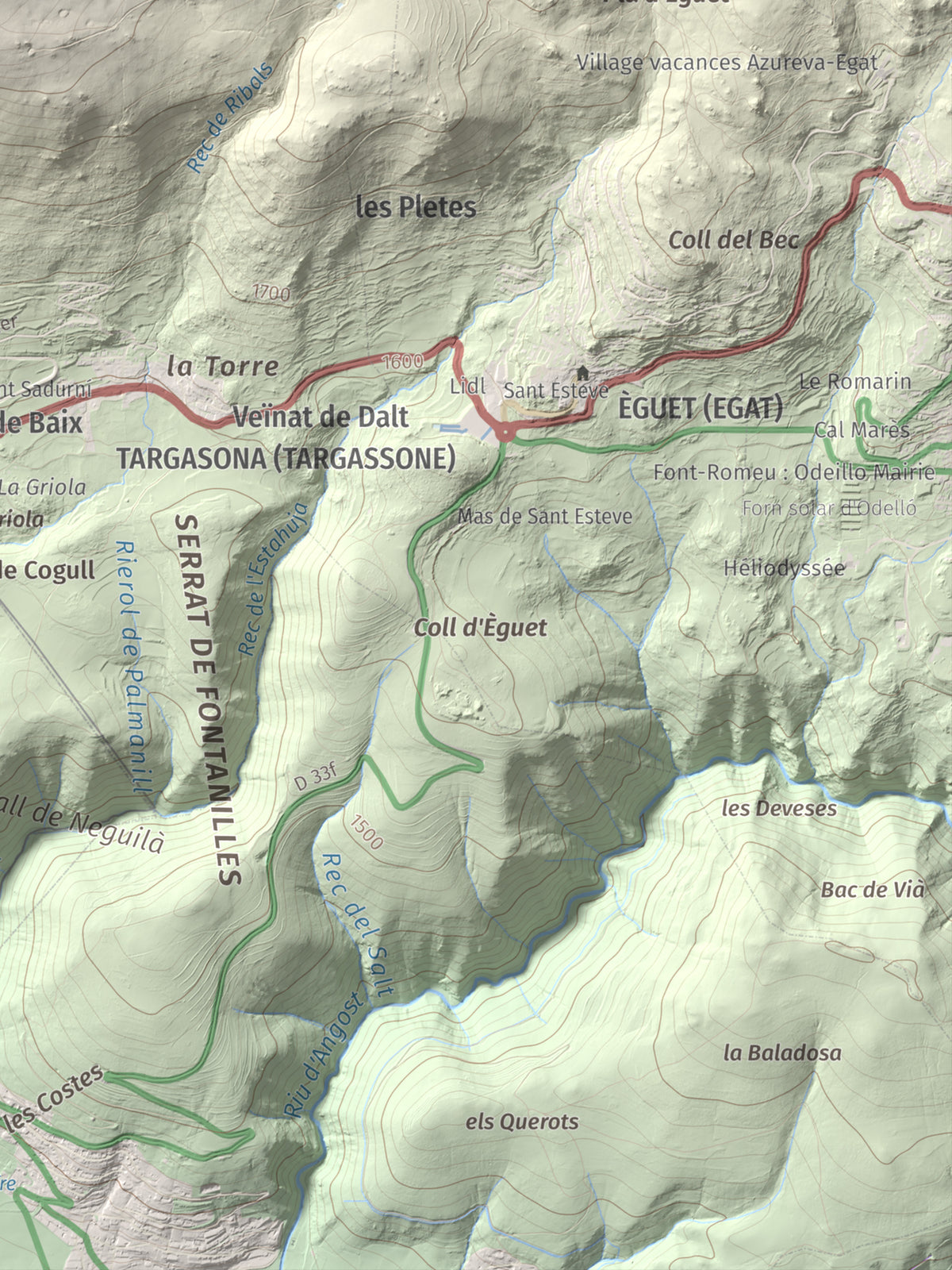 Mapa de relieve de Pic dels Moros, 2137 m, Cerdanya Nord, lámina 100 Cims de Trobart. Detalle de la zona inferior derecha. 30 × 40 cm.