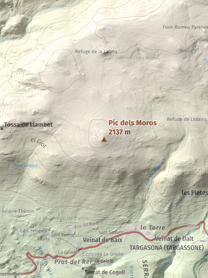 Mapa de relieve de Pic dels Moros, 2137 m, Cerdanya Nord, lámina 100 Cims de Trobart. Detalle de la zona central. 30 × 40 cm.
