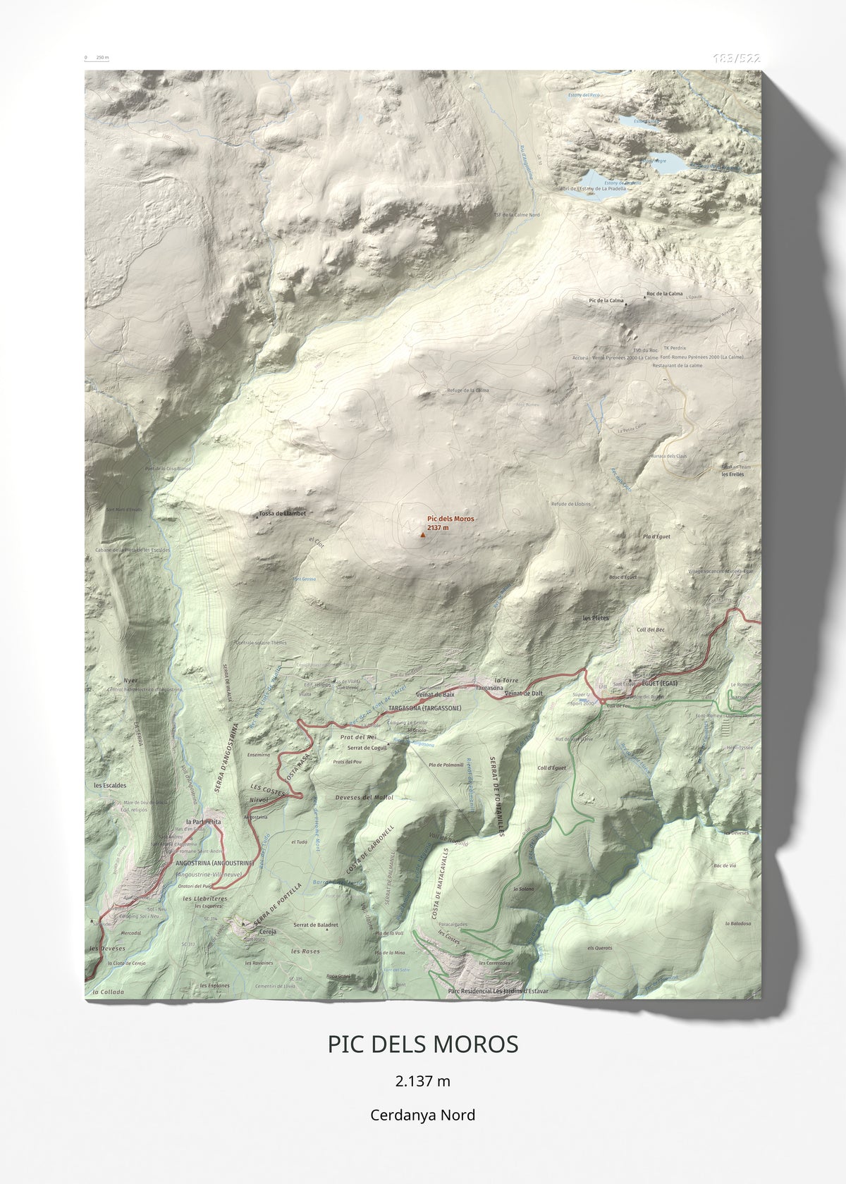 Mapa de relieve de Pic dels Moros, 2137 m, Cerdanya Nord, lámina 100 Cims de Trobart 50 × 70 cm.