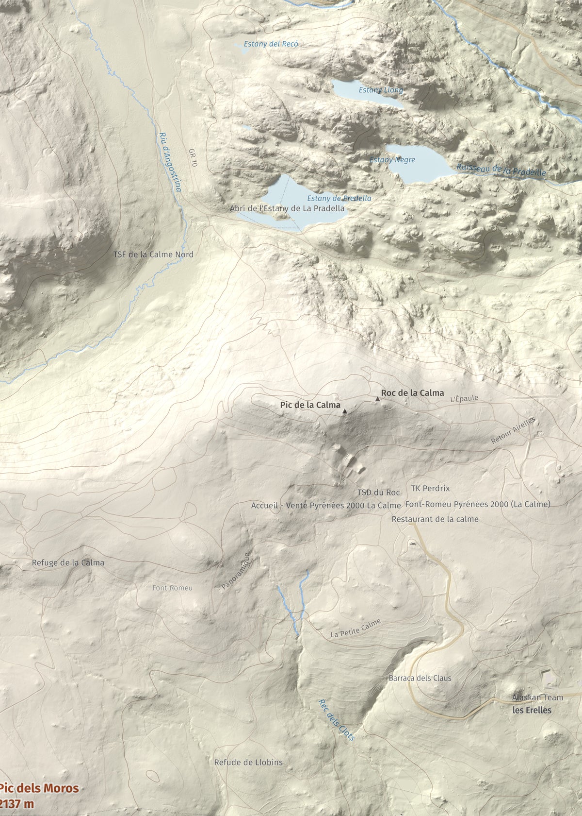 Mapa de relieve de Pic dels Moros, 2137 m, Cerdanya Nord, lámina 100 Cims de Trobart. Detalle de la zona superior derecha. 50 × 70 cm.