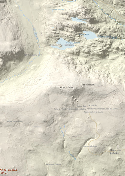 Mapa de relieve de Pic dels Moros, 2137 m, Cerdanya Nord, lámina 100 Cims de Trobart. Detalle de la zona superior derecha. 50 × 70 cm.