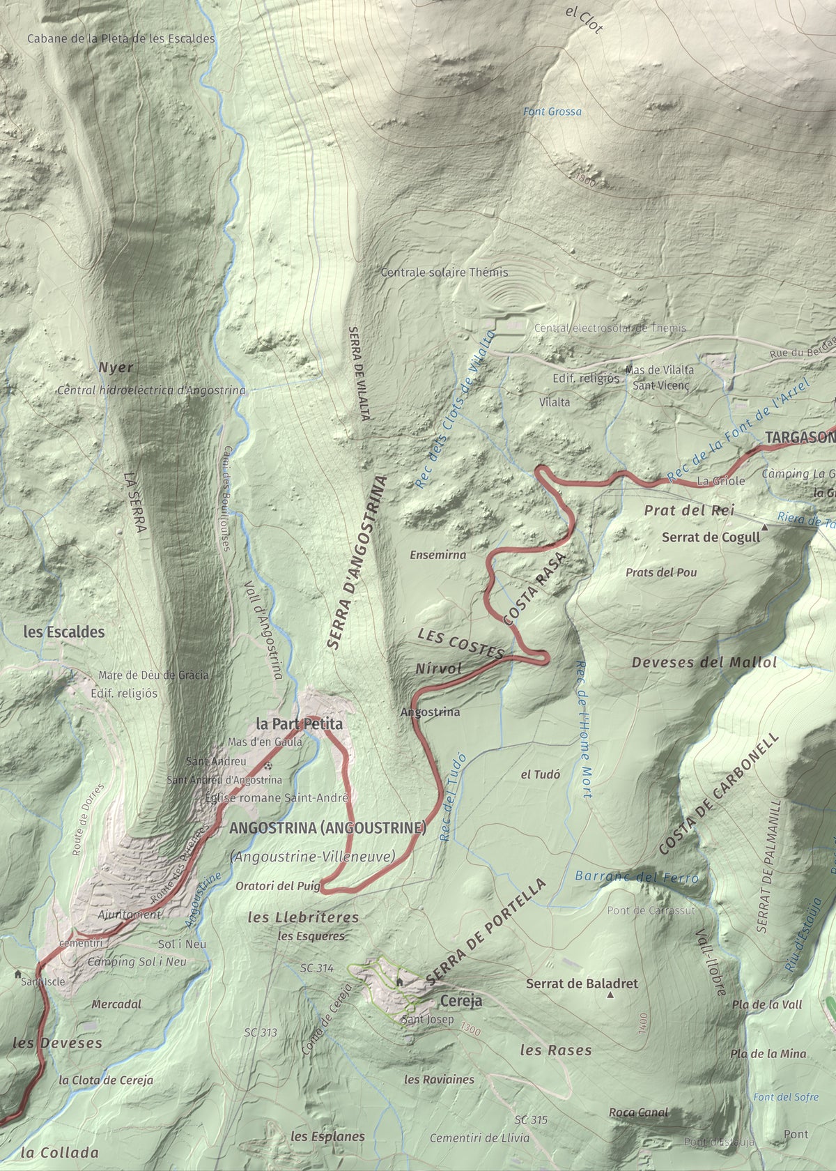 Mapa de relieve de Pic dels Moros, 2137 m, Cerdanya Nord, lámina 100 Cims de Trobart. Detalle de la zona inferior izquierda. 50 × 70 cm.