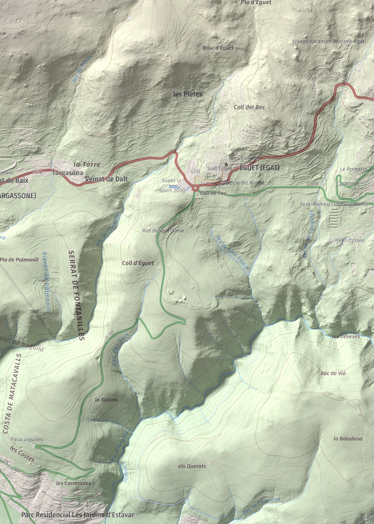 Mapa de relieve de Pic dels Moros, 2137 m, Cerdanya Nord, lámina 100 Cims de Trobart. Detalle de la zona inferior derecha. 50 × 70 cm.