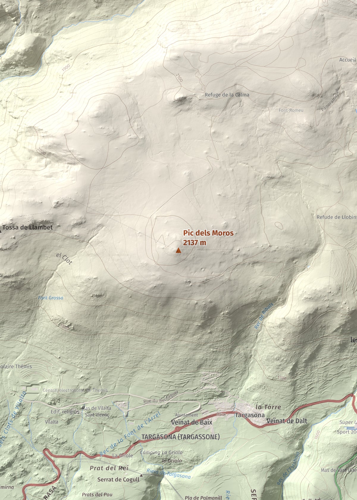 Mapa de relieve de Pic dels Moros, 2137 m, Cerdanya Nord, lámina 100 Cims de Trobart. Detalle de la zona central. 50 × 70 cm.