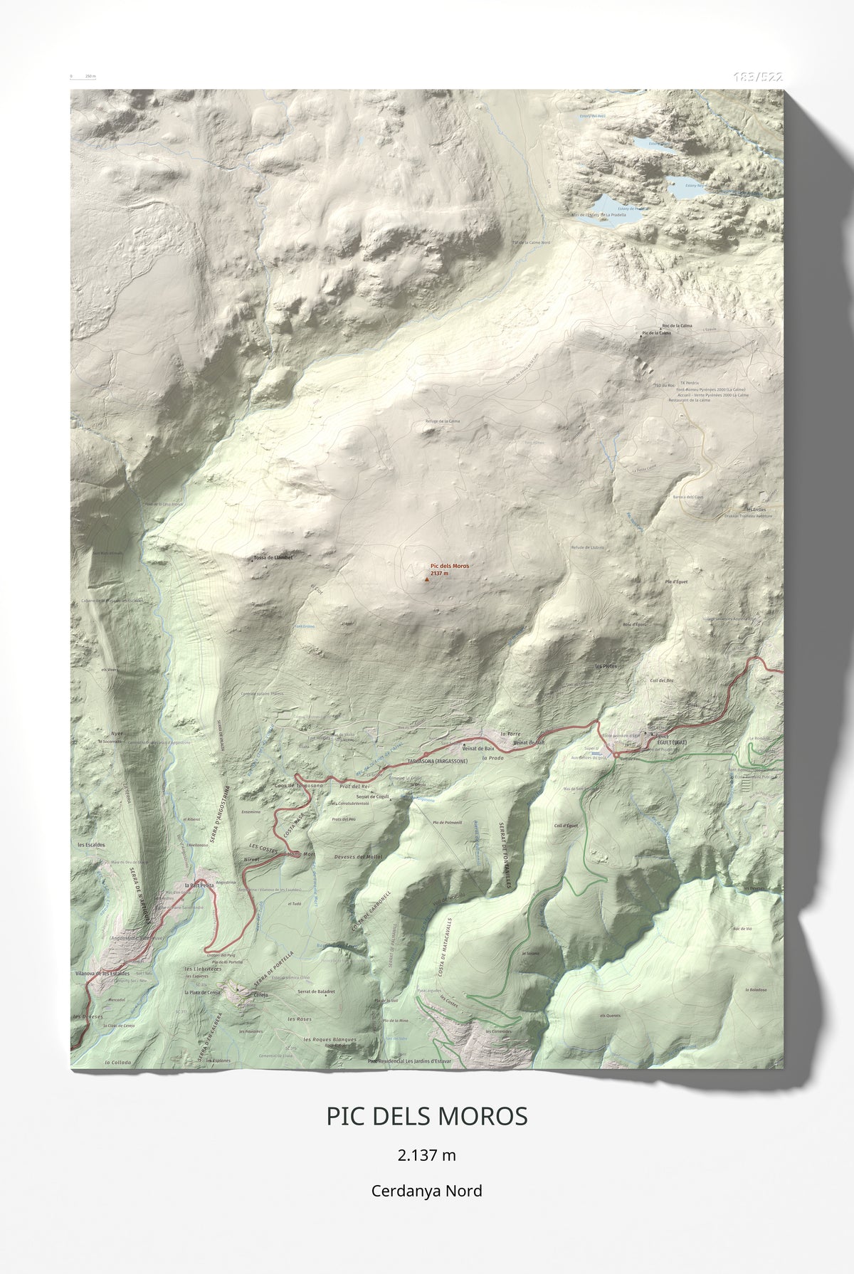 Mapa de relieve de Pic dels Moros, 2137 m, Cerdanya Nord, lámina 100 Cims de Trobart 61 × 91 cm.