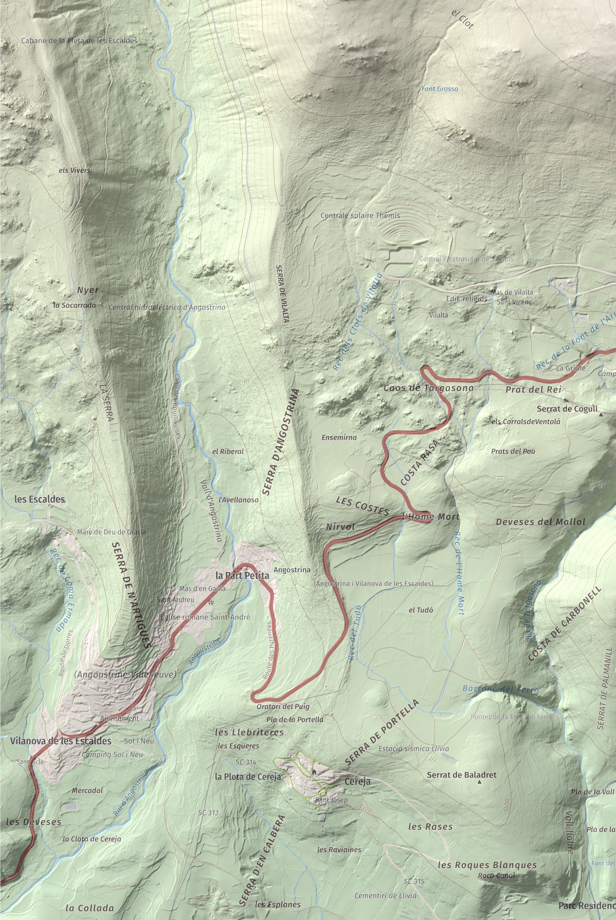 Mapa de relieve de Pic dels Moros, 2137 m, Cerdanya Nord, lámina 100 Cims de Trobart. Detalle de la zona inferior izquierda. 61 × 91 cm.