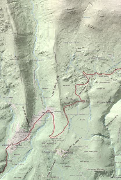 Mapa de relieve de Pic dels Moros, 2137 m, Cerdanya Nord, lámina 100 Cims de Trobart. Detalle de la zona inferior izquierda. 61 × 91 cm.
