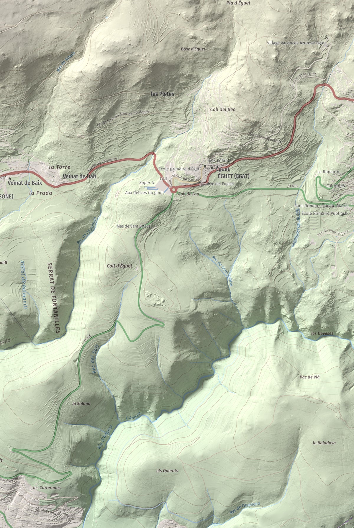 Mapa de relieve de Pic dels Moros, 2137 m, Cerdanya Nord, lámina 100 Cims de Trobart. Detalle de la zona inferior derecha. 61 × 91 cm.