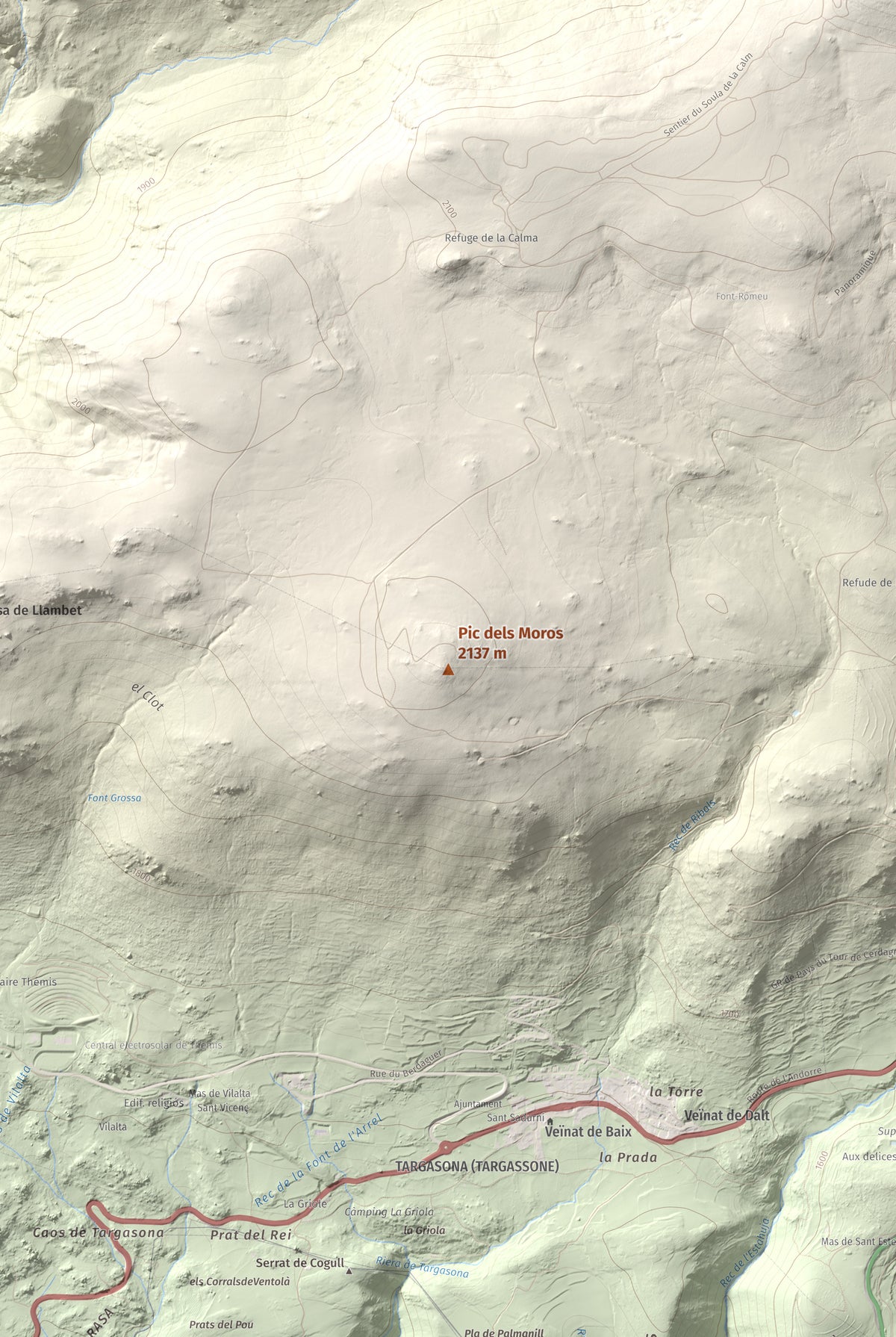 Mapa de relieve de Pic dels Moros, 2137 m, Cerdanya Nord, lámina 100 Cims de Trobart. Detalle de la zona central. 61 × 91 cm.