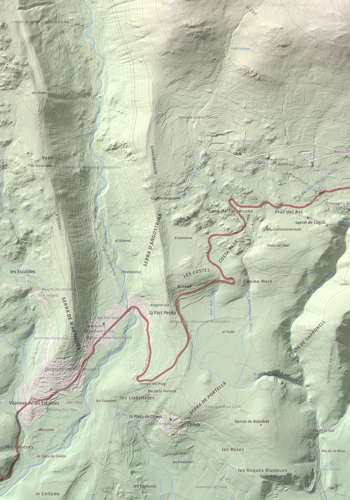Mapa de relieve de Pic dels Moros, 2137 m, Cerdanya Nord, lámina 100 Cims de Trobart. Detalle de la zona inferior izquierda. 70 × 100 cm.
