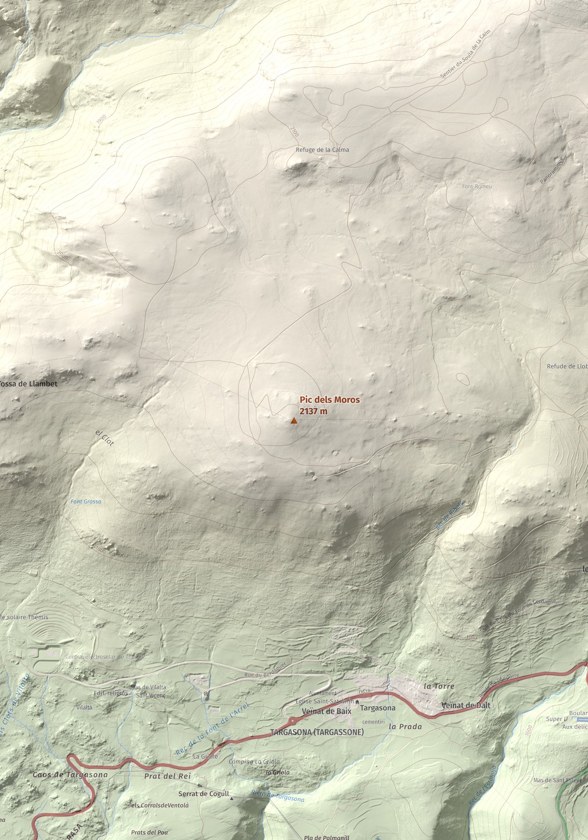 Mapa de relieve de Pic dels Moros, 2137 m, Cerdanya Nord, lámina 100 Cims de Trobart. Detalle de la zona central. 70 × 100 cm.