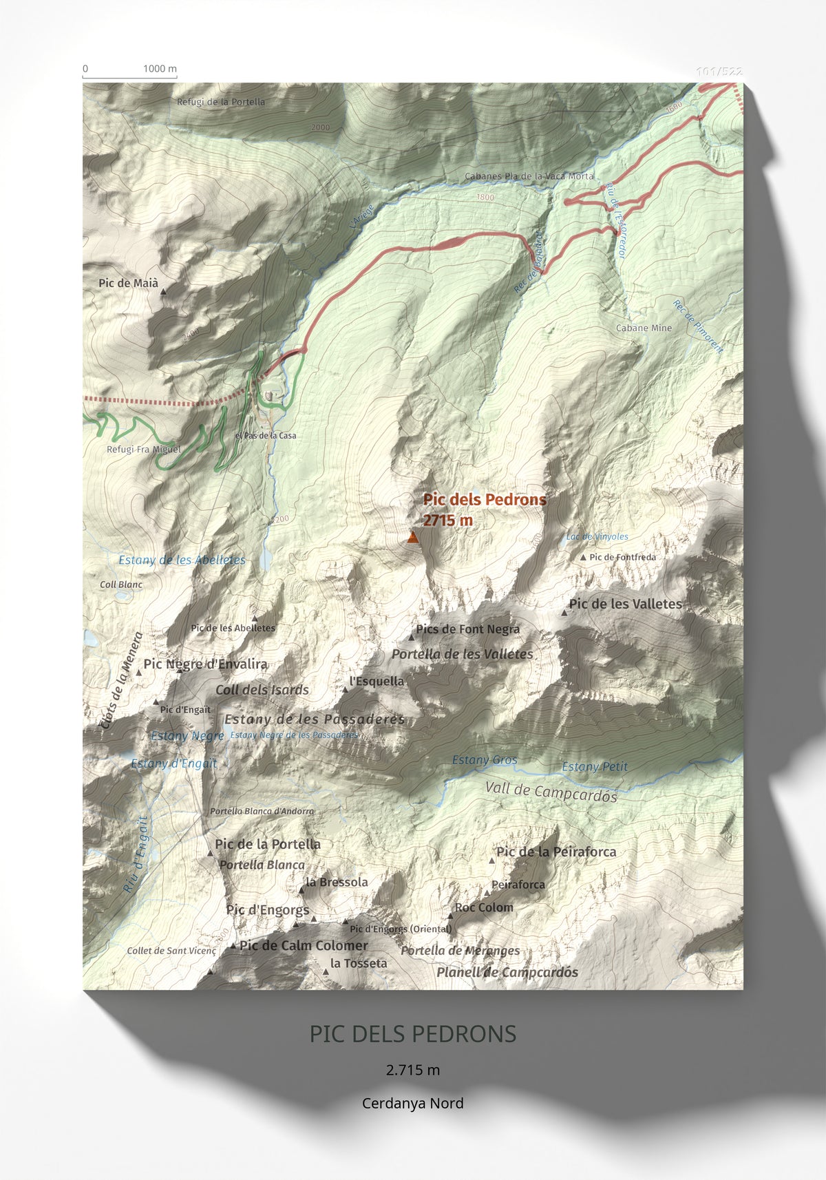 Mapa de relieve de Pic dels Pedrons, 2715 m, Cerdanya Nord, lámina 100 Cims de Trobart 21 × 30 cm.