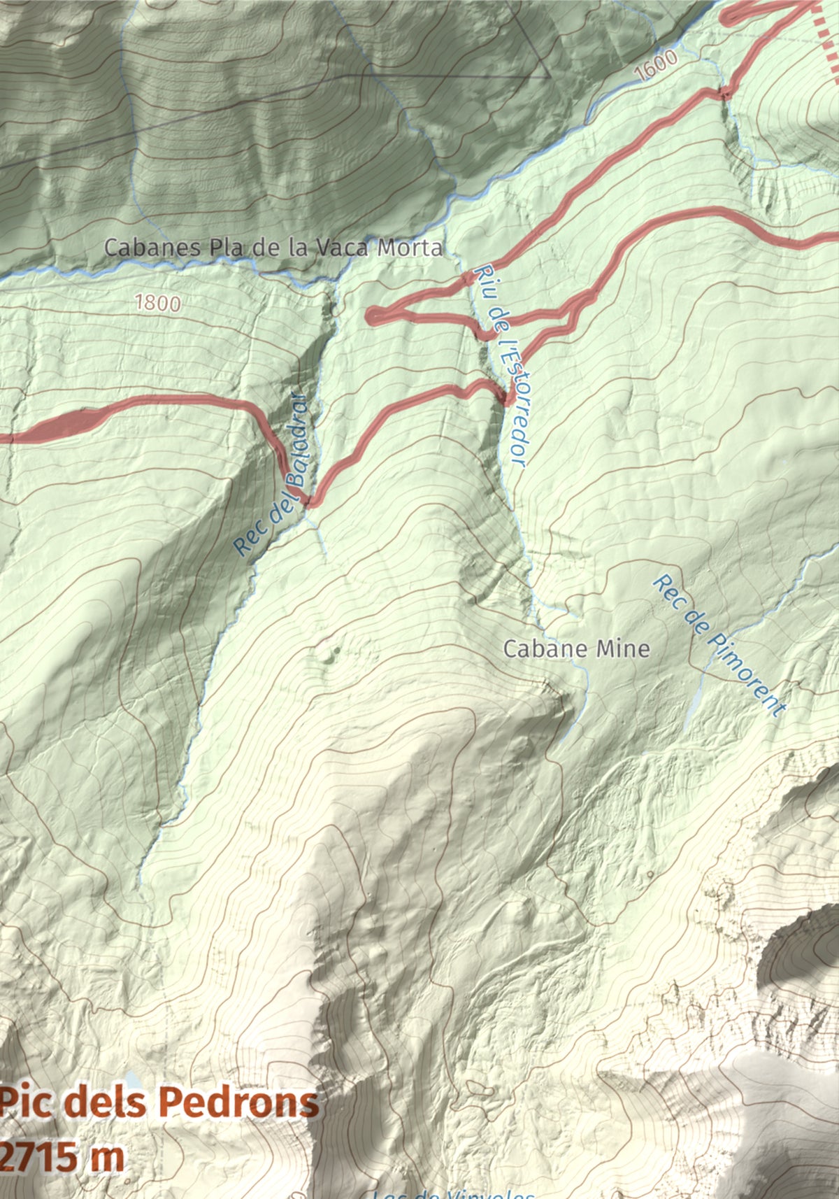 Mapa de relieve de Pic dels Pedrons, 2715 m, Cerdanya Nord, lámina 100 Cims de Trobart. Detalle de la zona superior derecha. 21 × 30 cm.