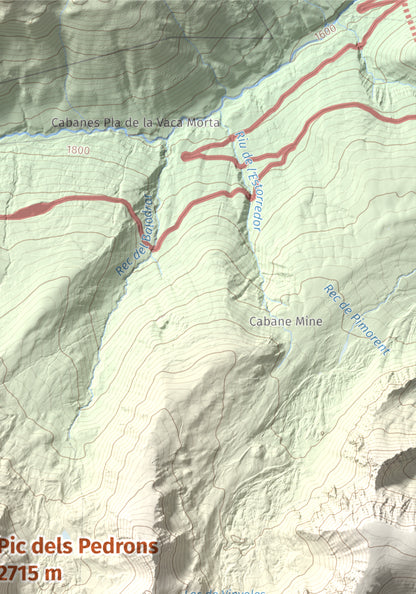 Mapa de relieve de Pic dels Pedrons, 2715 m, Cerdanya Nord, lámina 100 Cims de Trobart. Detalle de la zona superior derecha. 21 × 30 cm.