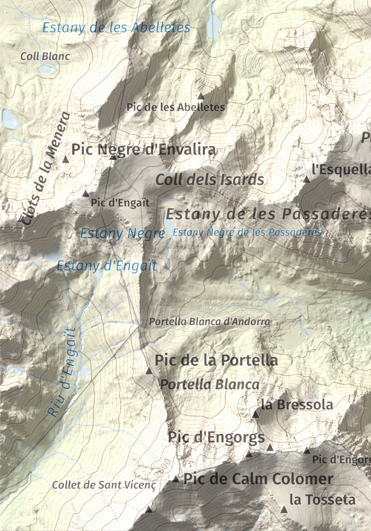 Mapa de relieve de Pic dels Pedrons, 2715 m, Cerdanya Nord, lámina 100 Cims de Trobart. Detalle de la zona inferior izquierda. 21 × 30 cm.