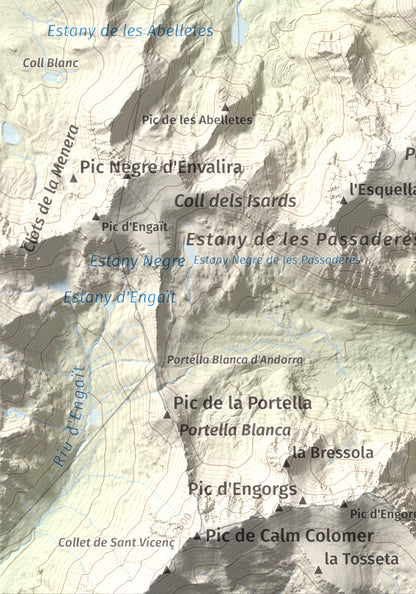 Mapa de relieve de Pic dels Pedrons, 2715 m, Cerdanya Nord, lámina 100 Cims de Trobart. Detalle de la zona inferior izquierda. 21 × 30 cm.