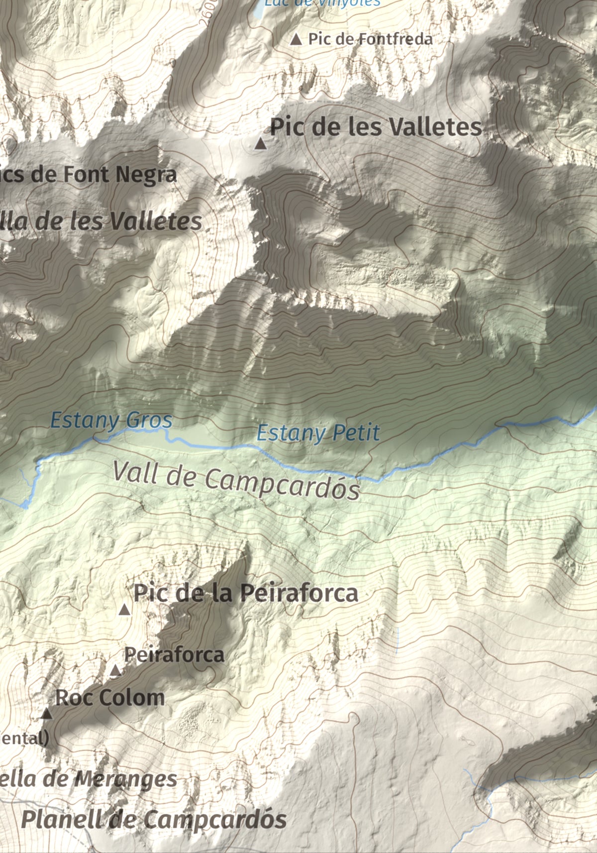 Mapa de relieve de Pic dels Pedrons, 2715 m, Cerdanya Nord, lámina 100 Cims de Trobart. Detalle de la zona inferior derecha. 21 × 30 cm.
