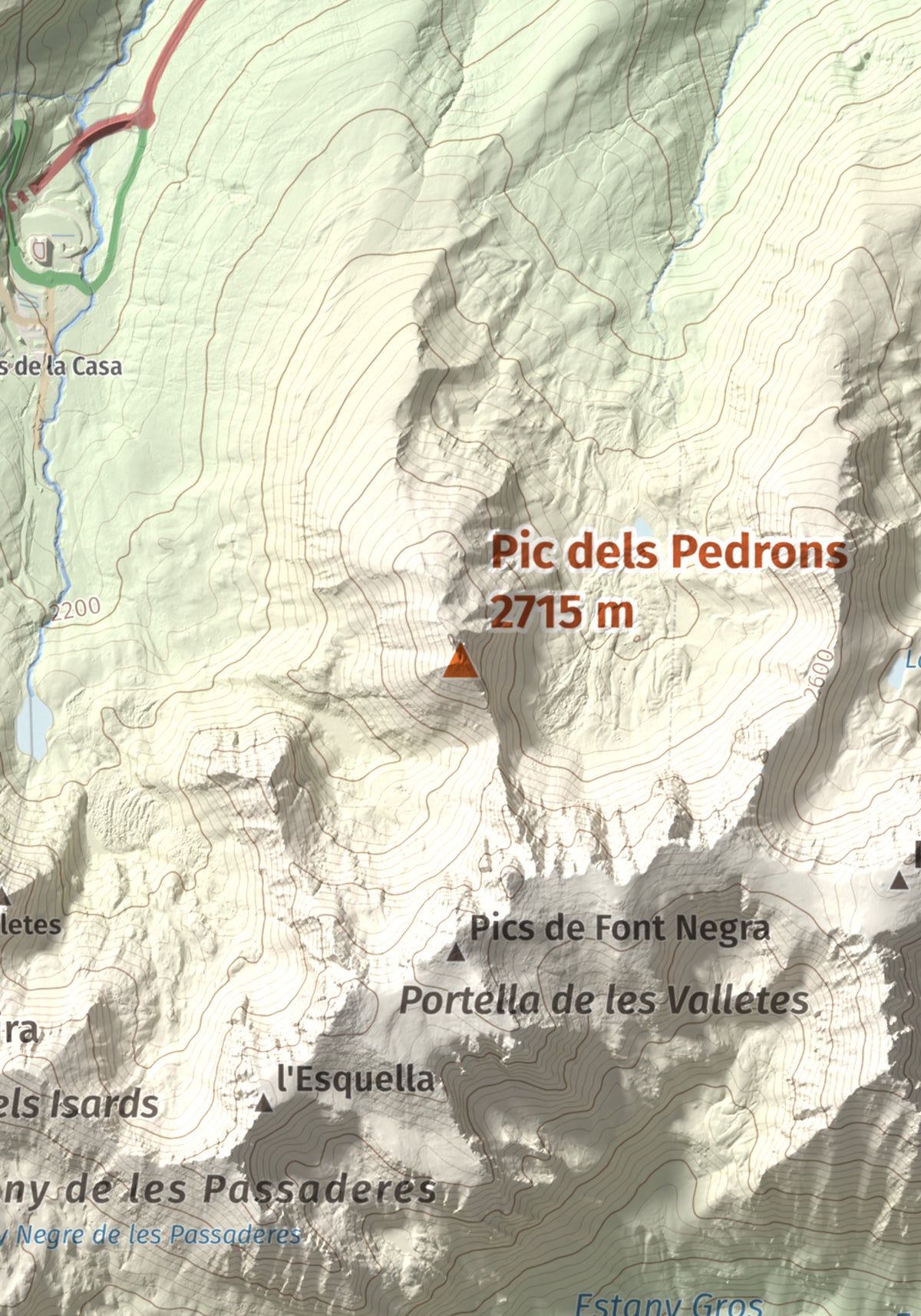 Mapa de relieve de Pic dels Pedrons, 2715 m, Cerdanya Nord, lámina 100 Cims de Trobart. Detalle de la zona central. 21 × 30 cm.
