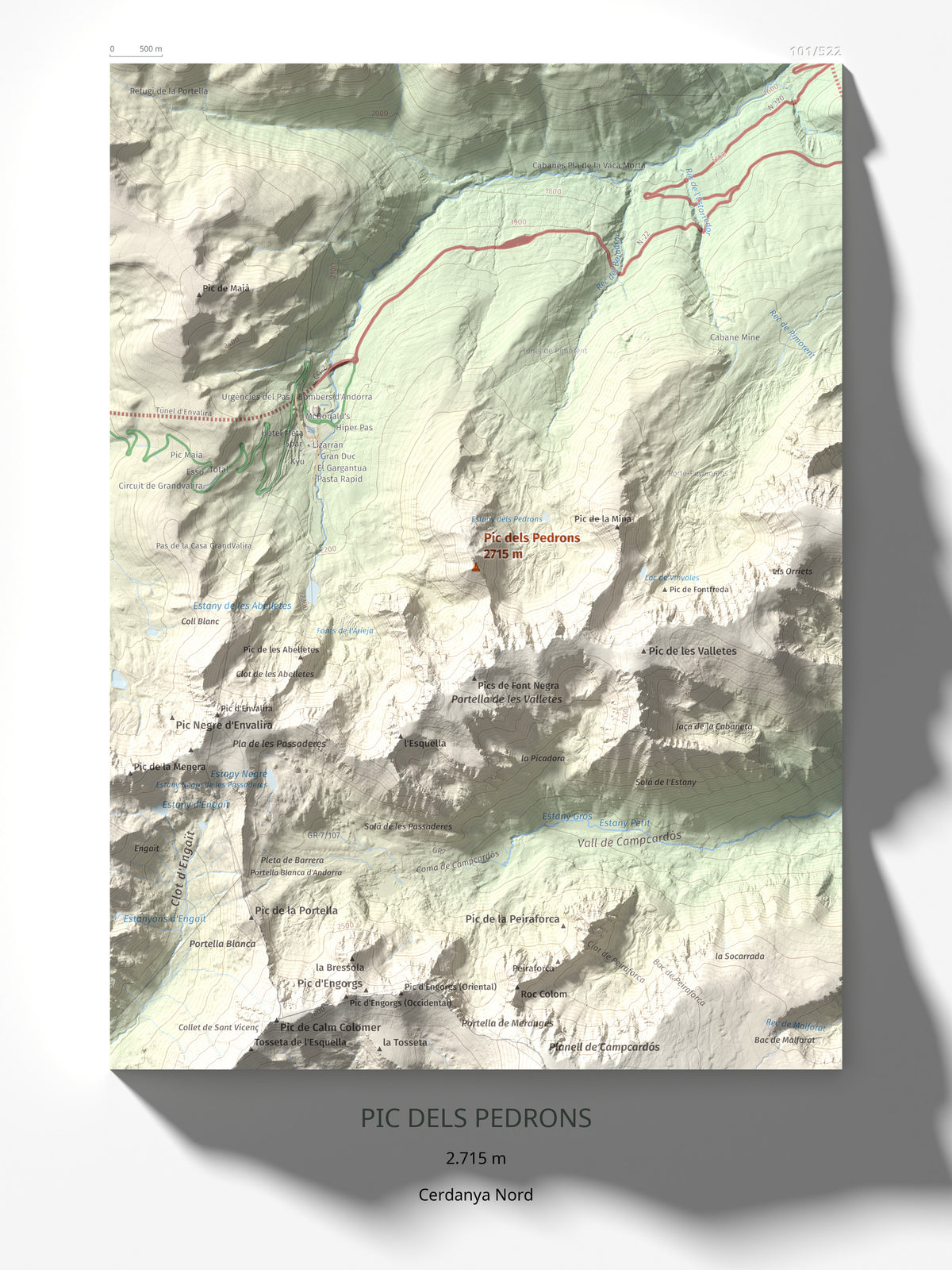 Mapa de relieve de Pic dels Pedrons, 2715 m, Cerdanya Nord, lámina 100 Cims de Trobart 30 × 40 cm.