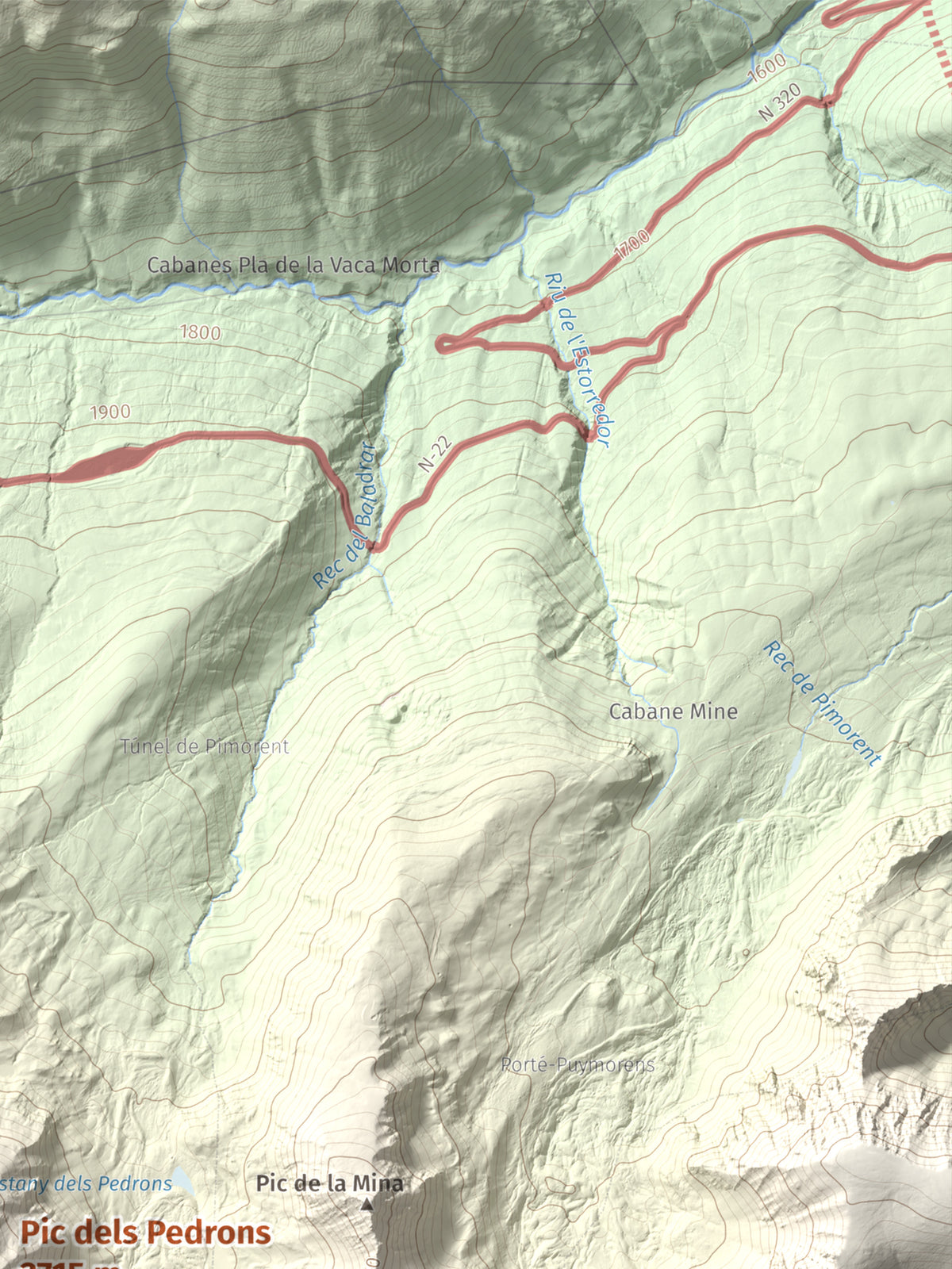 Mapa de relieve de Pic dels Pedrons, 2715 m, Cerdanya Nord, lámina 100 Cims de Trobart. Detalle de la zona superior derecha. 30 × 40 cm.