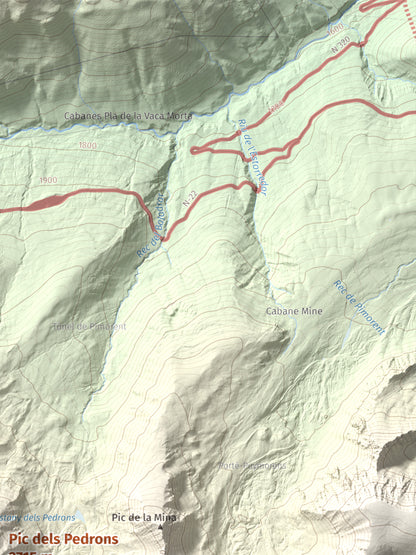 Mapa de relieve de Pic dels Pedrons, 2715 m, Cerdanya Nord, lámina 100 Cims de Trobart. Detalle de la zona superior derecha. 30 × 40 cm.