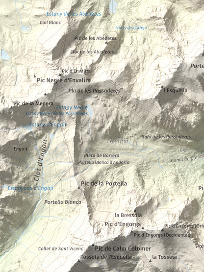 Mapa de relieve de Pic dels Pedrons, 2715 m, Cerdanya Nord, lámina 100 Cims de Trobart. Detalle de la zona inferior izquierda. 30 × 40 cm.