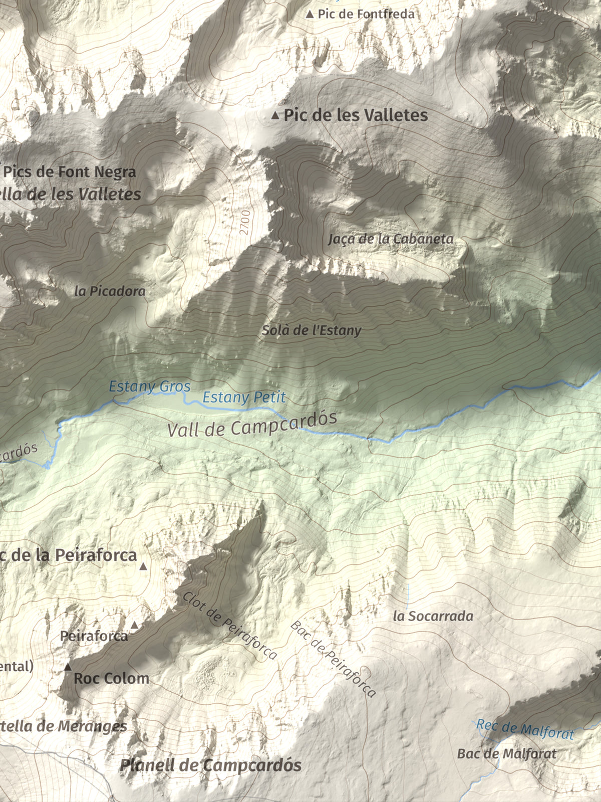 Mapa de relieve de Pic dels Pedrons, 2715 m, Cerdanya Nord, lámina 100 Cims de Trobart. Detalle de la zona inferior derecha. 30 × 40 cm.