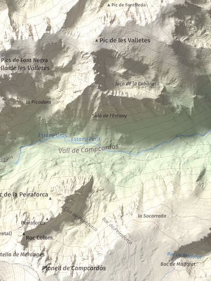 Mapa de relieve de Pic dels Pedrons, 2715 m, Cerdanya Nord, lámina 100 Cims de Trobart. Detalle de la zona inferior derecha. 30 × 40 cm.