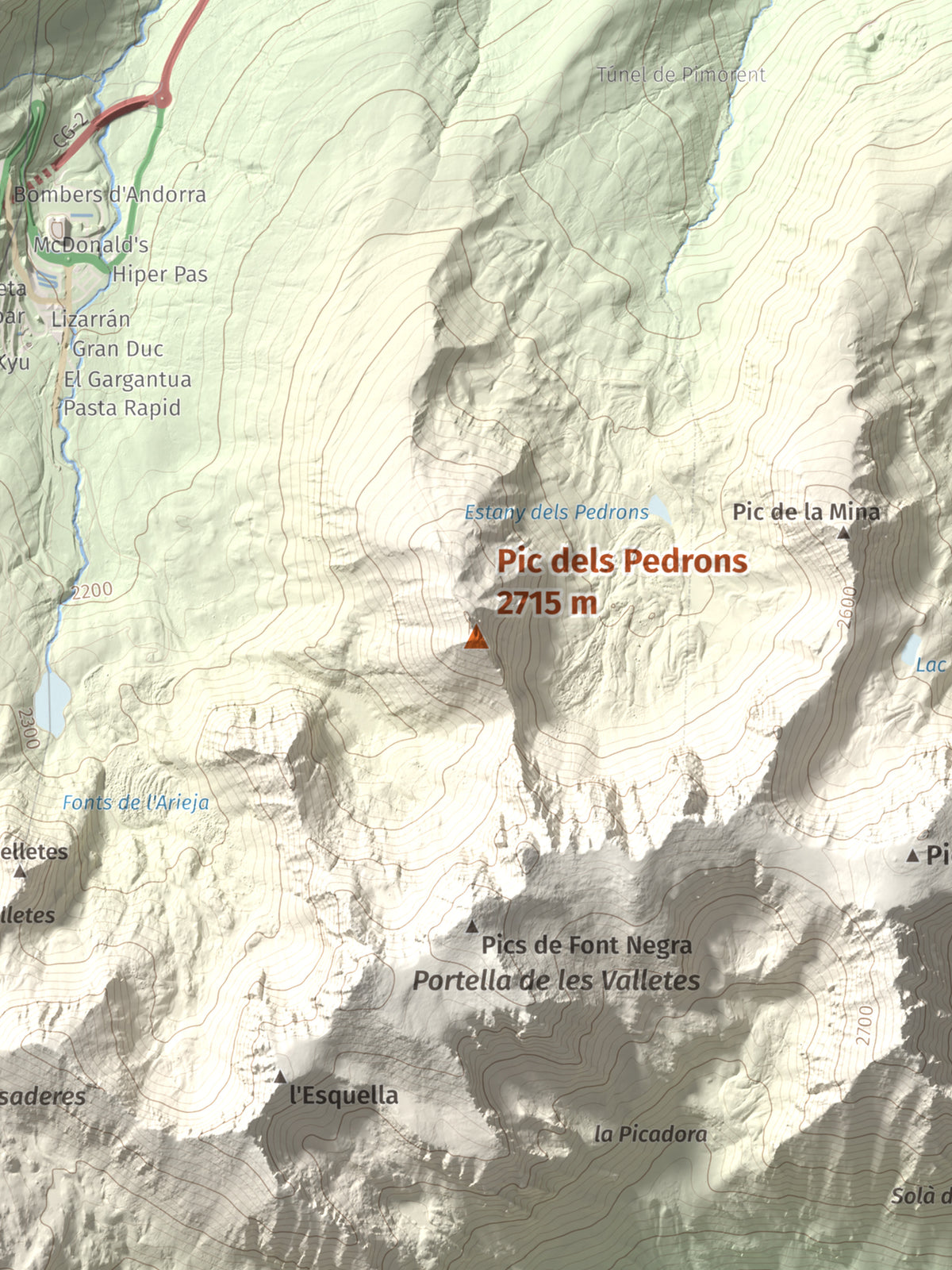 Mapa de relieve de Pic dels Pedrons, 2715 m, Cerdanya Nord, lámina 100 Cims de Trobart. Detalle de la zona central. 30 × 40 cm.