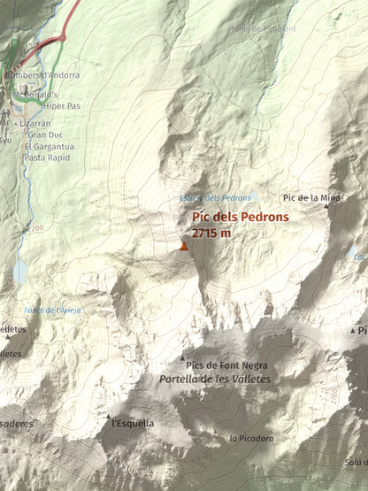Mapa de relieve de Pic dels Pedrons, 2715 m, Cerdanya Nord, lámina 100 Cims de Trobart. Detalle de la zona central. 30 × 40 cm.