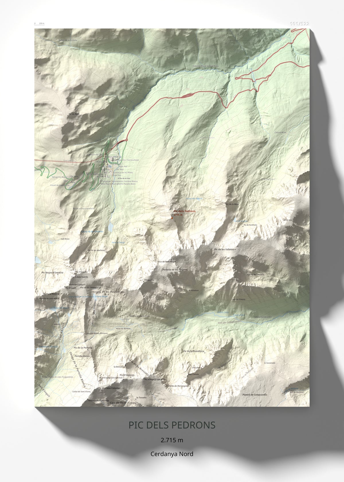 Mapa de relieve de Pic dels Pedrons, 2715 m, Cerdanya Nord, lámina 100 Cims de Trobart 50 × 70 cm.