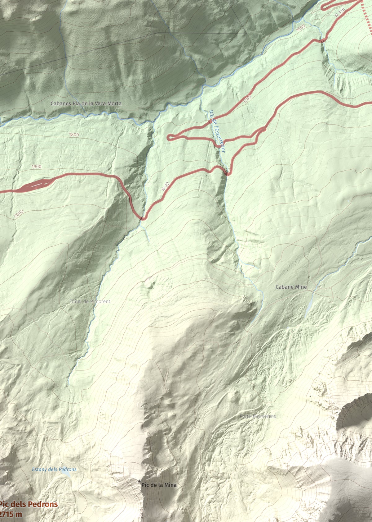 Mapa de relieve de Pic dels Pedrons, 2715 m, Cerdanya Nord, lámina 100 Cims de Trobart. Detalle de la zona superior derecha. 50 × 70 cm.