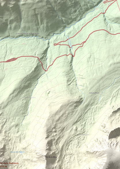 Mapa de relieve de Pic dels Pedrons, 2715 m, Cerdanya Nord, lámina 100 Cims de Trobart. Detalle de la zona superior derecha. 50 × 70 cm.